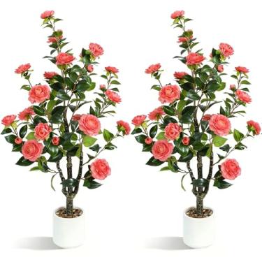 Imagem de UPBUD Camélia artificial pacote com 2 – Planta falsa realista de 101 cm com flores rosa, camélias falsas realistas para casa, sala de estar, pátio, casamento, decoração de eventos