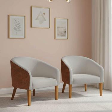 Imagem de Poltrona Sala Decorativa Kit 2 Stella Pé Madeira Trapézio Castanho Sintético Pu D03 - D'rossi Nozes-bouclê Cinza