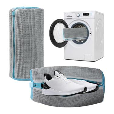 Imagem de Yuoyar Saco de 2 peças para máquina de lavar e secar – Saco de roupa para sapatos de fibras fofas para lavadora e secadora – Bolsa de sapato ajustável para máquina de lavar roupa (cinza e azul)