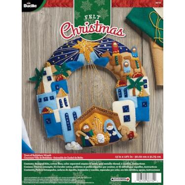 Imagem de Bucilla Grinalda com Aplique de Feltro - Cidade de Belém, Tamanho 33 x 32,5 Polegadas, Azul, Marrom, Cinza - Kit de Bordado Tradicional - Natal, Religioso