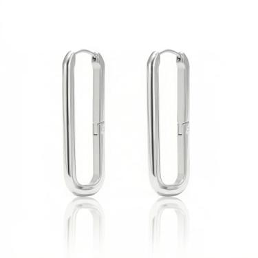 Imagem de Brincos de argola quadrados femininos retangulares médios de aço inoxidável 316L de titânio hipoalergênicos prateados minimalistas geométricos