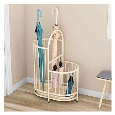 Imagem de Suporte de guarda-chuva de metal de camada dupla para entrada, suporte vazado com suporte com ganchos e bandeja de água para decoração de escritório doméstico economiza espaço (bege)