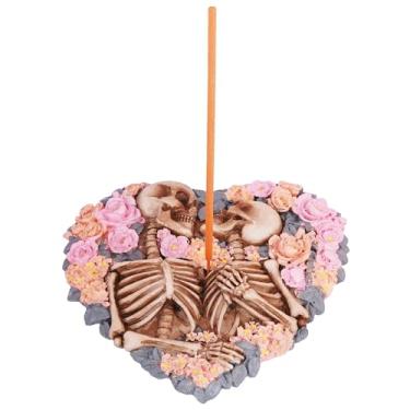 Imagem de Esqueletos com queimador de incenso de flores – Resina fundida a frio pintada à mão de 12 x 12 cm | Caveira gótica e design floral Suporte decorativo para varas e cones de incenso | Decoração