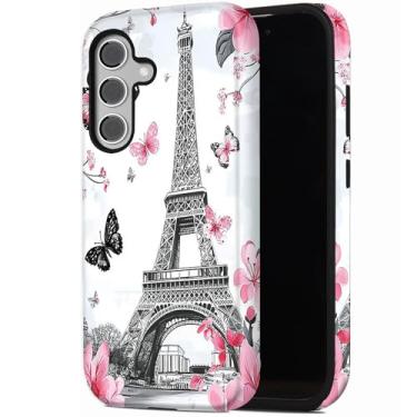 Imagem de RUUHLJLET Capa para celular Samsung Galaxy S25 FE de 6,7 polegadas 2025, camada dupla 2 em 12 à prova de choque, capa resistente à queda para homens e mulheres, borboleta Sakura da Torre Eiffel