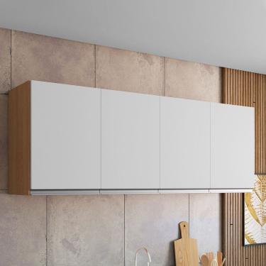 Imagem de Armário Aéreo Cozinha Andréia 150cm 4 Portas Multiuso MDP Amêndoa Branco - Desk Design