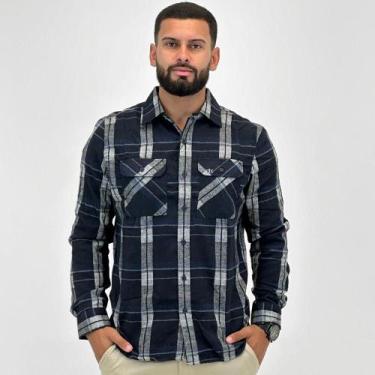 Imagem de Camisa Dixie Xadrez em Flanela Masculina, P, Marinho, Cinza