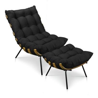 Imagem de Kit Poltrona e Puff Costela Suede Base Metal Drossi Preto