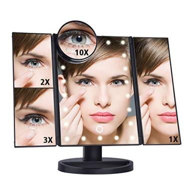Imagem de Espelho de maquiagem cosmético de bancada com luzes LED Espelho de vaidade iluminado com três dobras com ampliação 2X/3X/10X Espelho de mesa com luz de aumento Tela de toque escurecimento 18