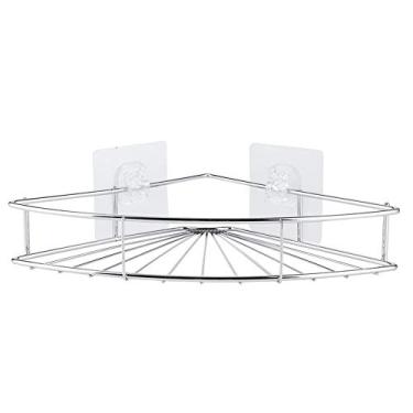Imagem de Prateleira triangular de armazenamento de aço inoxidável sem perfuração, prateleira de canto de armazenamento de banheiro montada na parede organizador de rack com adesivo