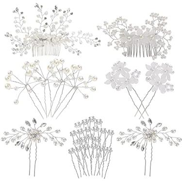 Imagem de Pacote com 30 pentes laterais de cabelo de noiva da inSowni + presilhas de cabelo em formato de U para acessórios em peças de strass e pérola para damas de honra femininas