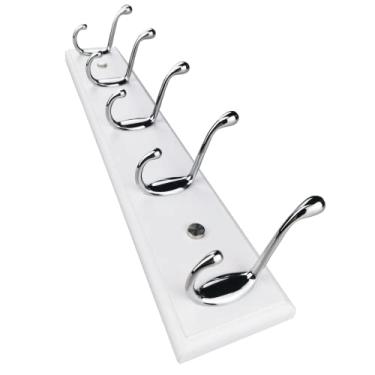 Imagem de Mapeoes Suporte de parede para casacos com 5 ganchos, serviço pesado moderno, 43 cm, ganchos cromados de madeira e prata, branco, cabide de chapéu para roupas para corredor de mudroom de casa de fazenda