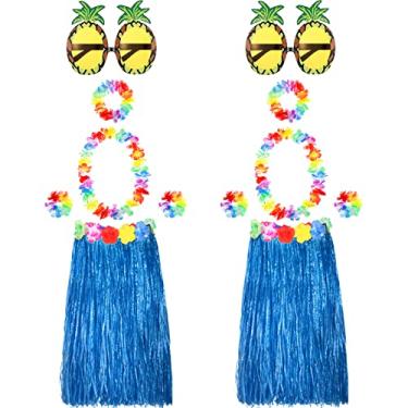 Imagem de 2 conjuntos de saia de grama havaiana Hula com óculos de sol abacaxi acessórios de flores, canudo (saias azuis)