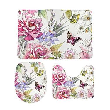Imagem de Top Carpenter Conjunto de 3 peças antiderrapante de tapete de banheiro com flores rosas e borboletas + tampa de vaso sanitário + tapete de banheiro para decoração de banheiro