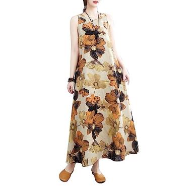 Imagem de Namolit Vestido boêmio retrô feminino floral de algodão sem mangas vestido colete casual feminino vestidos de verão vestidos soltos XL