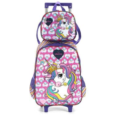 Imagem de Kit Mochila Rodinhas Lancheira Luxcel Up4You Unicórnio Roxo