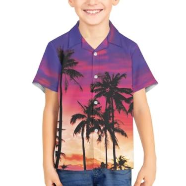 Imagem de Camisetas havaianas com botões de botão para verão unissex infantil manga curta camisa social 3-16 anos Tropical Aloha Shirts, Pôr-do-sol da palme, 13-14 Years