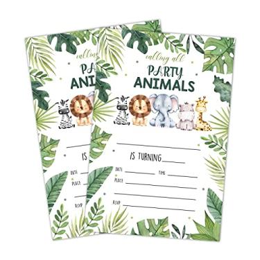 Imagem de LWBEO Cartões de convite de aniversário, convites de festa na selva de animais, suprimentos de decoração de festa de feliz aniversário infantil, 20 cartões de preenchimento com envelopes para