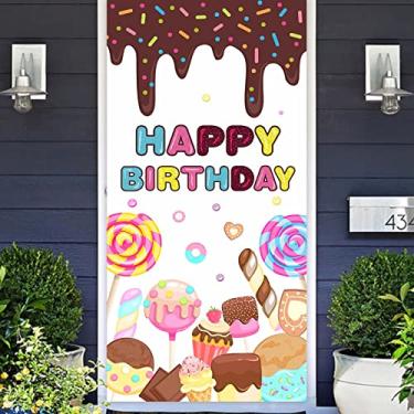 Imagem de Decorações de Feliz Aniversário Sobremesa Fundo Banner Crescer Rosquinhas Rosa Pirulito Listras Coloridas Doces Bolo Tema Decoração para Doce Bebê Menina Princesa Pano de Fundo de Festa de 1º Aniversário Suprimentos