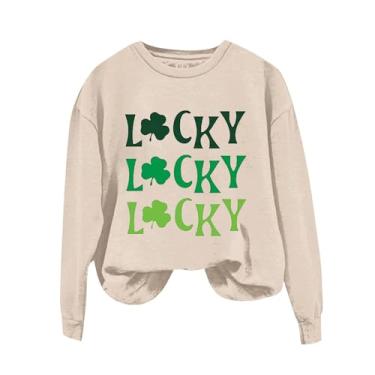 Imagem de Camiseta feminina do Dia de São Patrício de manga comprida verde Shamrock Lucky camiseta moderna para mulheres 2024, Bege, M