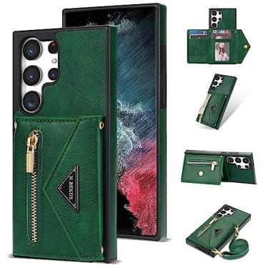 Imagem de Furiet Capa carteira para Samsung Galaxy S24 Ultra 5G com alça de ombro transversal, bolsa flip de couro PU com zíper bolsos para cartões, suporte robusto para celular S24Ultra 24S S 24 24Ultra verde