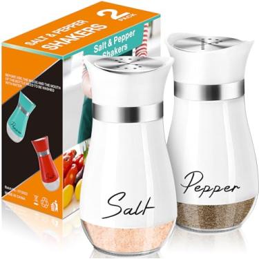 Imagem de Conjunto de saleiro e pimenteiro, 113 g, com fundo de vidro, tampa de aço inoxidável, para cozinha, mesa de cozinha, trailer, acampamento, churrasco, design reabastecível (branco)