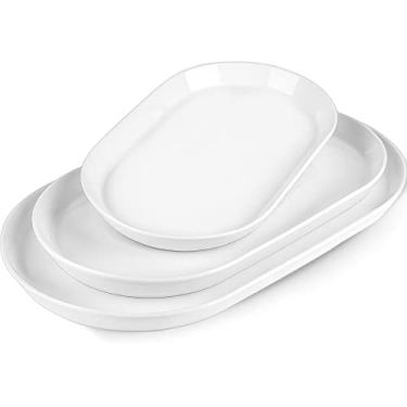 Imagem de Taeochiy Bandeja de servir grande – Bandeja oval de 40,6 cm/35,5 cm/30,5 cm, travessas de peru de cerâmica para entretenimento, festa de Natal, conjunto de 3, branco