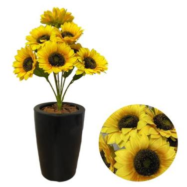 Imagem de Girassol Artificial 7 Flores Com Vaso Cone Liso Completo - PlantaImpor