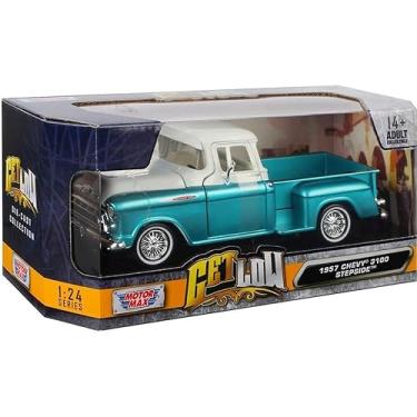 Imagem de 1957 Chevy 3100 Stepside Pickup Truck Lowrider Turquoise Metallic and White with White Interior Get Low Series 1/24 Diecast Model Car by Motormax 79032tur