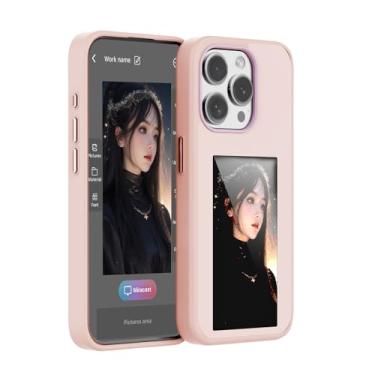 Imagem de KSOPUERT Capa de telefone com tela inteligente e tinta atualizada em 4 cores para iPhone 15 Pro Max, capa de celular com exibição de imagem/foto/texto, transmissão NFC, rosa