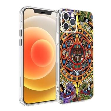 Imagem de Theiokeit Capa de telefone asteca compatível com iPhone 14 Pro Max Sun Stone Pride colorido asteca mexicano à prova de choque lateral listrada macia capa de telefone