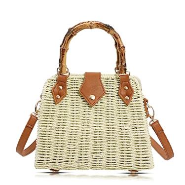 Imagem de QTKJ Bolsa de palha, bolsas transversais para mulheres, bolsa de tecido boêmio feita à mão, bolsa de mão com alça de bambu, bolsa rígida para festas, férias na praia (bege), Bege, Large