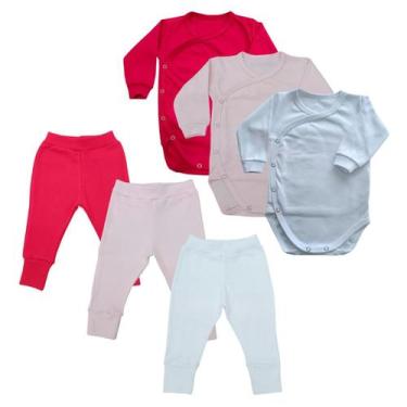 Imagem de Conjunto Body Kimono Manga Longa + Calça Liso Algodão Kit C/3 - Mellan
