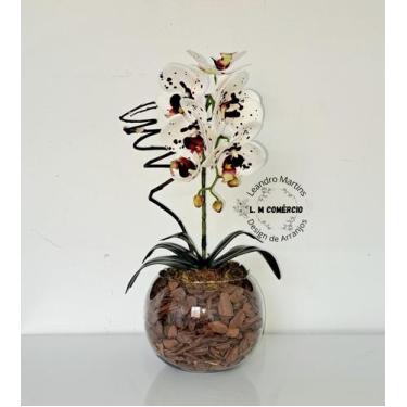 Imagem de Arranjo Orquídea Branca Pintada Borboleta 3D Realista Permanente Silic