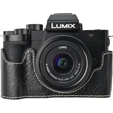 Imagem de Capa G100K, capa BMAOLLONGB feita à mão de couro PU meia câmera versão abertura inferior para Panasonic Lumix G100K com alça de pescoço (preto)