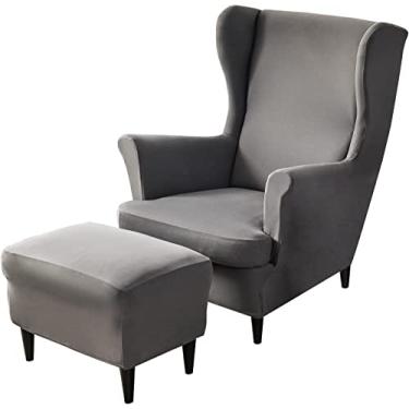 Imagem de Conjunto de capas de cadeira com asa elástica, 2 peças de capa para cadeira com encosto traseiro e 1 capa otomana, capa removível para cadeira de armazenamento retangular para sala de estar e quarto