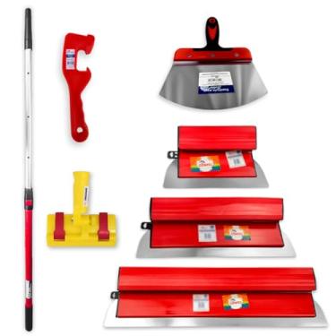 Imagem de Desempenadeira Berox de Aço Inox 25, 40, 60cm Suporte Universal Para Massa Corrida + Cabo Extensor Fibra De Vidro 1,3m + Espátula Para Balde + Abridor de Balde Pintura, Textura, Profissional Kit