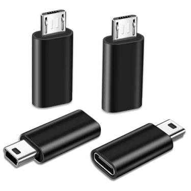 Imagem de Adaptador USB C, pacote com 4, 2 conectores C fêmea para micro USB macho, 2 adaptadores USB C para Mini USB macho de 5 pinos, suporta carregamento e sincronização de dados, compatível com câmera