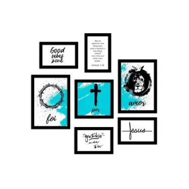 Imagem de kit 7 Quadros Decorativos Leão Religioso Frases Biblicas Azul Foi Por 