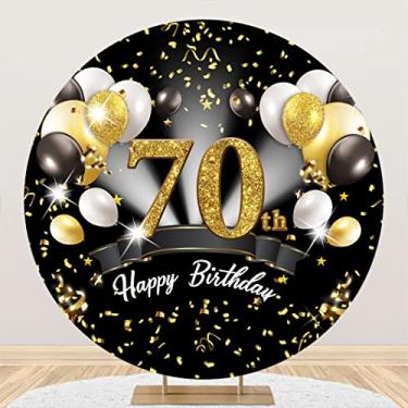 Imagem de DORCEV 2 x 2 m, capa de fundo redondo feliz 70º aniversário balões pontos brilhantes lantejoulas luxuoso ouro preto 70º aniversário fotografia fundo 70º aniversário festa arco decoração adereços