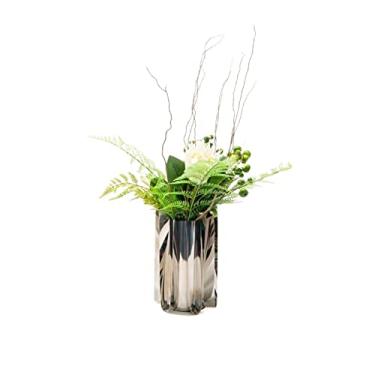 Imagem de TLTDSMY Flores falsas vaso de aço inoxidável simulação de flores arte mesa de centro restaurante decoração de mesa ornamentos flores artificiais decoração