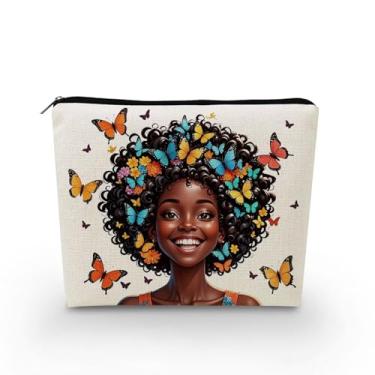 Imagem de YULUENZE Bolsa organizadora de lona pequena para mulheres afro-americanas com zíper borboleta colorida preta bolsa cosmética estética presente de aniversário para mulheres irmãs amigas, asnj0875