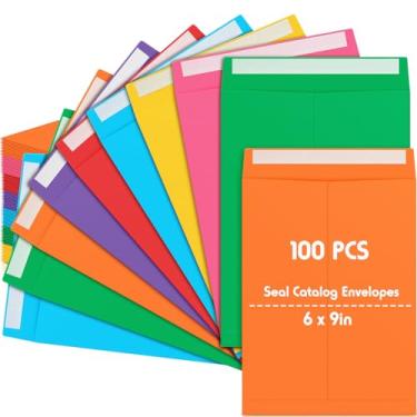 Imagem de Janlaugh 100 envelopes coloridos de catálogos de 15 x 23 cm, autoadesivos, envelopes de manilla de 14,5 kg, Kraft Peel & Seal para organização segura de armazenamento de correspondência para