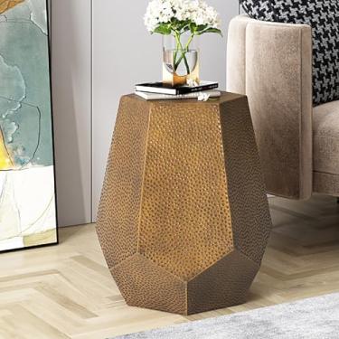Imagem de Mesa de canto martelada de metal, design hexagonal moderno - com acabamento escovado e estrutura de ferro resistente, sem necessidade de montagem, para sala de estar, quarto, escritório
