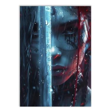 Imagem de Placa Decorativa Olhar Garota Espada Ilustração Japão Decoração Poster Quarto Sala