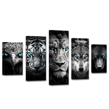 Imagem de DOARTDO Arte de parede em tela animal preto e branco 5 peças olhos azuis águia urso tigre lobo leão imagens pintura animal arte sala de estar crianças decoração moldura (8x14inx2 8x18inx2 8x20x2