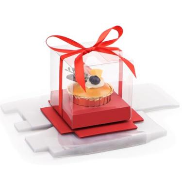 Imagem de EUSOAR Suporte de cupcake transparente descartável, 12 peças de plástico vermelho de 8,5 cm com fita, embalagem transparente única para cupcake para festa de aniversário de casamento