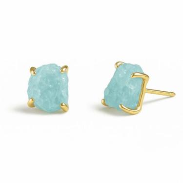Imagem de Brinco Tarraxa Água Marinha - Cristal Natural, Banho Ouro 18k