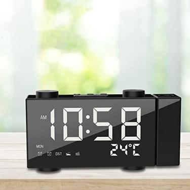 Imagem de Despertador de projeção Digital FM com tela grande LED 180 ° Rotatable Projector Dual Alarm Snooze Termômetro interno usb para quarto de quarto de 6 polegadas Branco azul branco