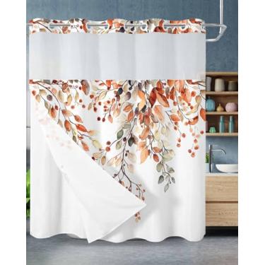 Imagem de EwdeWwo Cortina de chuveiro outono sem gancho com forro de encaixe, folhas de polpa de frutas rústicas, decoração de banheiro, à prova d'água, cortina de banho de outono com janela superior de malha
