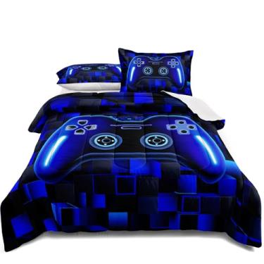Imagem de lris Bedding Conjunto de cama casal casal azul fresco 3D jogo de cama com controle de jogo para meninos e meninas apaixonados por jogos, inclui edredom e fronhas